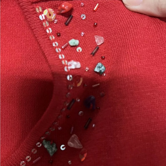 Uniform Petites Johnpaulrichard Red W/ Sequinens Stones 3/4 Sleeve Blouse Silk - Picture 5 of 6